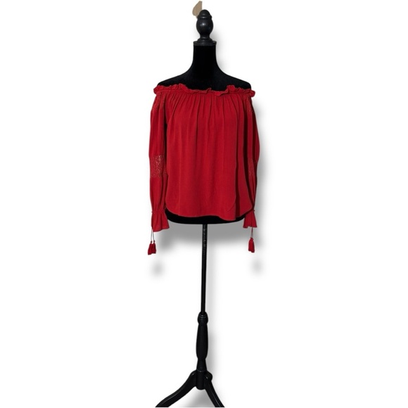 Band of Gypsies Red Ruffled Lightwight Off-Shoulder Long Sleeve Tassel Blouse - Picture 4 of 16